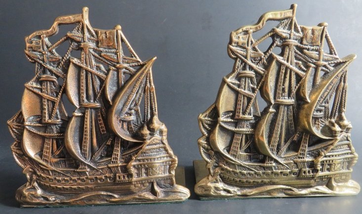 Set 2 Brass Bookends, Sail Ship, Peerage England 1940s (1 of 9)