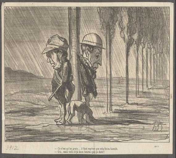 Honore Daumier, Hunters in the Rain, 1864 Lithograph: "The Hunters in the Rain," by Honore Daumier [1808-1879], second state (marked and signed in plate); original hand lithograph from PETIT JOURNAL POUR RIRE, October, 1864.The picture was examined with
