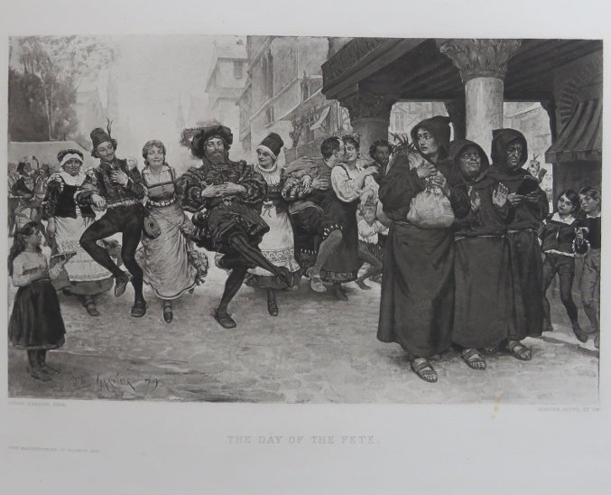 Jules Garnier, Day of the Fete, Goupil 1881: "Day of the Fete" antique photogravure after the painting by Jules Garnier, engraved by Goupil, 1881; printed on heavy stock paper; signed in plate "Jules Garnier, Pinx." and "Gravure Goupil et Cie."