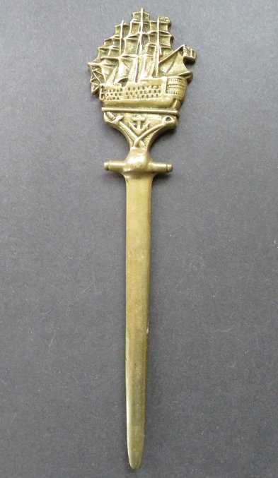 Vintage Solid Brass Letter Opener Three Decker Sail Ship (1 of 5)