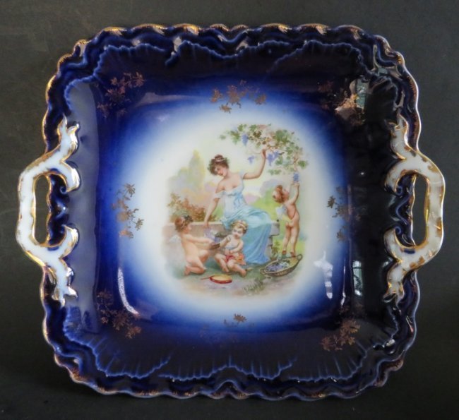 Antique Platter Royal Bavarian Porcelain Germany 1890s: Antique porcelain platter decorated with genuine cobalt blue glaze, gold and transfer painting in the middle depicting woman and three cherubs, c.1890s-1910s, Royal Bavarian P.M.B. (Porzellanfabrik Mo
