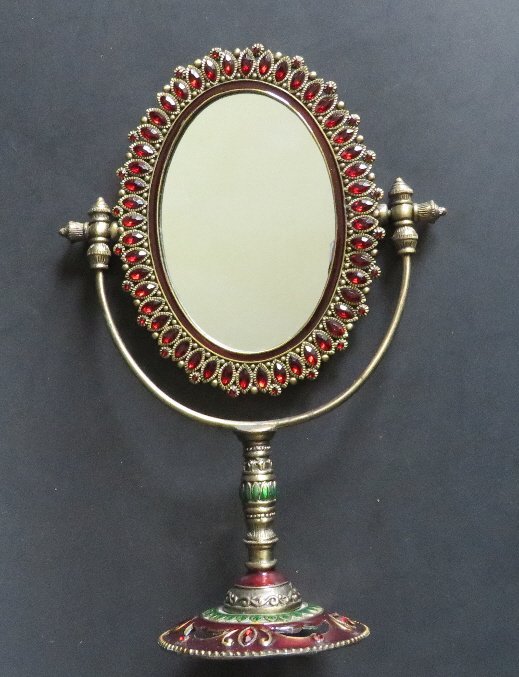 Movable Ornate Vanity Table Mirror Ruby Rhinestones: Vintage movable ornate vanity table mirror, brass, enamels, ruby rhinestones, black velvet on the back, unmarked, probably 1980s-90s. The mirror can be easily removed from the frame--it can be exchang
