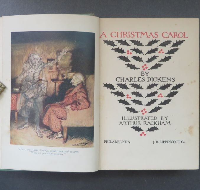 Dickens, Christmas Carol, illustrated by Arthur Rackham, 1934: "A Christmas Carol" by Charles Dickens, illustrated by Arthur Rackham, Published by J.B. Lippincott Co., Philadelphia, Second American edition, undated [1934], printed in Great Britain. Matches first