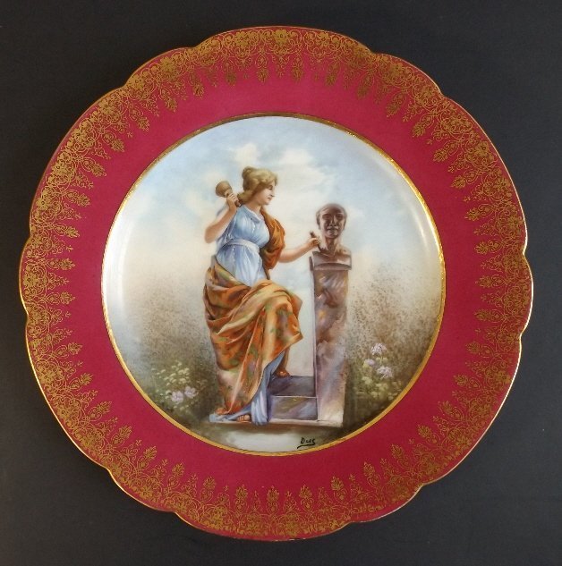 Antique 1890s French Limoges Porcelain Plate Muse of Sculptors Builders: Antique Neoclassical Limoges porcelain cabinet plate 1890s-1900s. "Muse of Sculptors and Builders" [not associated with original Greek Muses]. Transfer, original artist's signature "Duc". This plate m