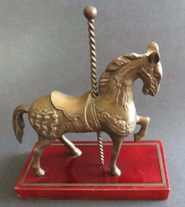 Vintage Solid Brass Pony Carousel Horse on Wood Stand 1950s (1 of 9)