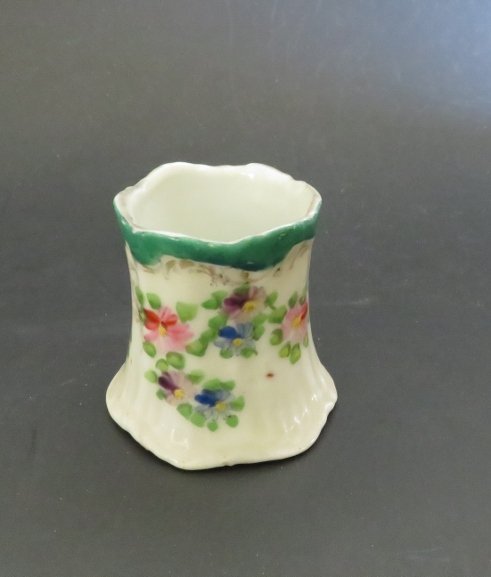 Antique 1890s Hand Painted Porcelain Egg Cup: Antique hand panted translucent porcelain egg cup, probably Germany, no clear marking, 1890s-1910s. The cup is 2" [5.1cm] tall, 1.3/4" [4.5cm] across at the top, gold wear, no chips, no hairlines, ver