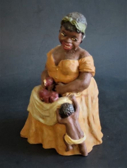 Lovly, Woman with Little Child, Vintage African American figurine 1980s: Sitting woman with apples and little child, vintage sculpture, marked "Lovly" on the bottom, artist signed "MM" and "(C) ETC" [Ebony Treasure Collectibles] in sculpting material. Old South Series. Han