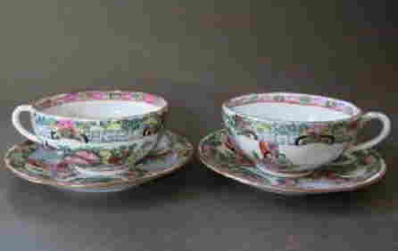Set for 2 Chinese Export Porcelain Tea Cups & Saucers Rose Medallion 1950s (1 of 16)