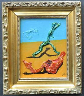 Victor Moreau, High Degree of Separation, Painting, Mixed Media, Framed 1990s: "A high degree of separation due to the reconcilable ideas" by Victor Moreau, late 20th century, surreal painting, mixed media on cardboard, signed VM in the lower right corner, and on the back;