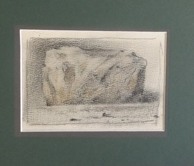Koka Ignatov, Stone I, 1989, Georgian artist listed: Koka Ignatov, "Stone I", pencils on structured paper, unsigned 1989. Pencils on structured paper; 7.1/2"x 5.1/2" [19cm x 14cm]; picture mat 10"x 8" [25.5cm x 20.5cm], a few small corner issues, very g