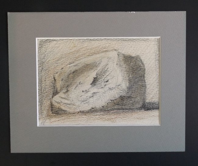 Koka Ignatov, Stone II, 1989, Georgian artist listed: Koka Ignatov, "Stone II", pencils on structured paper, unsigned 1989. Pencils on structured paper; 7.1/2"x 5.1/2" [19cm x 14cm]; picture mat 10"x 8" [25.5cm x 20.5cm], a few small corner issues, very 
