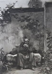 Chevilliard, Smoke After Vespers, Goupil Antique Photogravure 1881: "Smoke After Vespers" after the painting by Vincent-Jean-Baptiste Chevilliard (1841-1904), antique photogravure; engraved by Goupil, 1881; printed on heavy stock paper; signed in plate "Chevilliard,