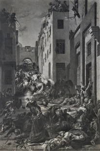 Alexandre Bida, Massacre of the Mamelukes, Photogravure Goupil 1882: "Massacre of the Mamelukes" after the crayon drawing by Alexandre Bida (1823-1895), antique photogravure; engraved by Goupil, 1882; printed on heavy stock paper; signed in plate " Alexandre Bida, Pinx