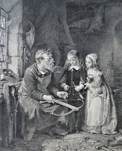 O'Neill, Visit to the Armourer, 1871 Antique Steel Engraving by Lightfoot: "A Visit to the Armourer" antique Victorian steel engraving by Peter Lightfoot; after painting by George Bernard O'Neill, lettered below image with the title, production details, with names of