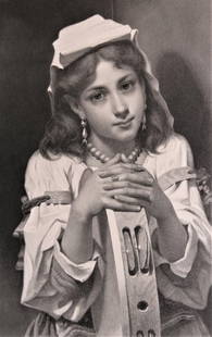 De Coninck, Tambourine, Antique Steel Engraving by Herbert Bourne 1886: "The Tambourine" young Italian girl seen half-length, facing front, hands resting on a tambourine, steel engraving by Herbert Bourne after painting by Pierre Louis Joseph De Coninck, lettered below