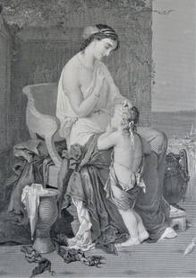 Coomans, The Reproof, 1971, Steel Engraving 1886 Joseph Desmannez: "The Reproof" antique steel engraving by Joseph Desmannez after painting by Pierre Olivier Joseph Coomans, lettered below image with the title, production details, with names of artists closely below