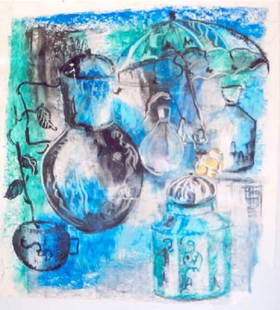 Irakli Parjiani, Vases with Umbrella, Painting, 1989, Listed Artist: "Vases with Umbrella", by Irakli Parjiani, 1989, unsigned, encaustic modern painting on heavy stock paper. Encaustic modern painting on paper, original mat and glass frame, c.19" x 23" (c.48.3cm x