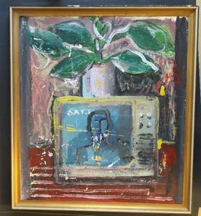 Irakli Parjiani, Still Life TV, 1989 Mid Century Painting, Listed Artist: Mid-Century Modern painting "Still Life TV", by Irakli Parjiani, 1989, acrylic on cardboard, unsigned, framed. Acrylic painting on cardboard, unsigned, original frame, c.21.1/4" x 24" (c.53.5cm x 61cm