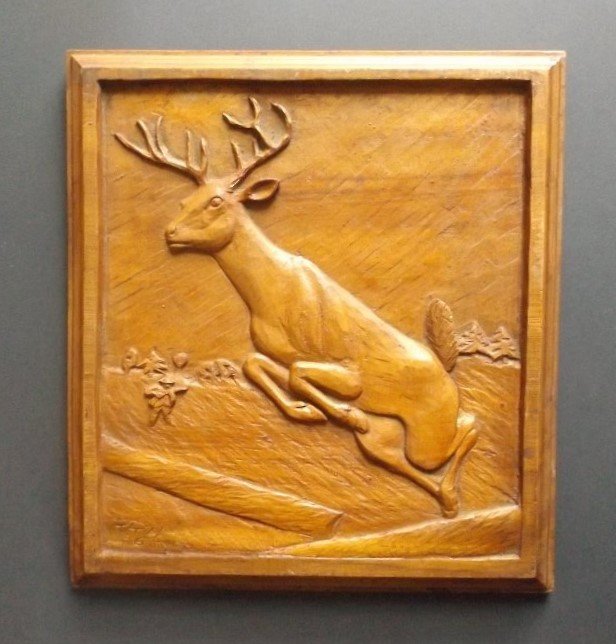 Jumping Deer wood carved relief 1936 signed American Folk Art (1 of 5)
