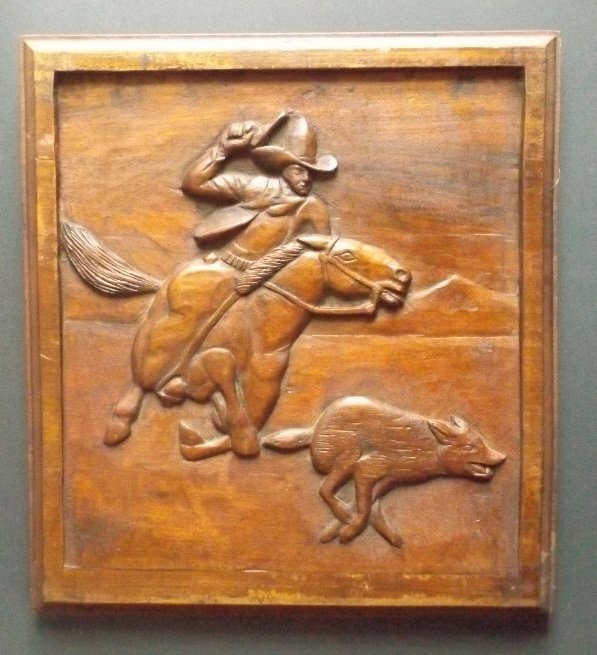 Cowboy on Horse & Wolf, Wood Relief 1937 American Folk Art (1 of 6)