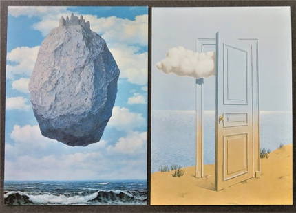Lot 2 Art Cards, 1981 Rene Magritte, Paintings, Surrealism: A lot of 2 art postcards with paintings by Rene Magritte, "Le chateau des Pyrenees" (1959) and "La Victoire" (1939), published by Edition Cicero, Hamburg, Germany, 1981, copyright by Mme Georgette Mag