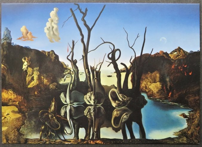 Vintage Art Postcard, 1986, Salvador Dali, Swans Reflecting Elephants: Swans Reflecting Elephants (1937) by Salvador Dali, published by Edition Cicero, Hamburg, Germany, 1986, copyright by SPADEM, Paris. Standard size: 6” x 4” [150mm x 105mm]; the card is in 