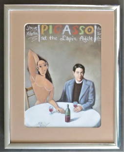 Rafal Olbinski, Picasso at the Lapin Agile, Steve Martin, Litho 2004, Framed: "Picasso with one of his created ladies at the table", a poster to the Steve Martin's play "Picasso at the Lapin Agile," by Rafal Olbinski, reduced in size litho print published by Nahan, 2004,