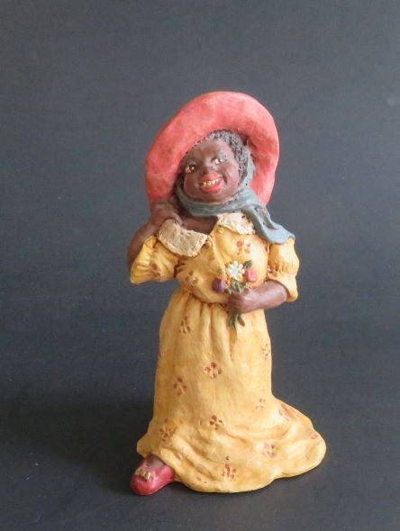 Wanda, Girl, Vintage African American figurine 1989 Old South Series: "Wanda" young girl figurine, small vintage sculpture, marked "Wanda ETC" [Ebony Treasures Collectibles] on the bottom "89 etc Old South" is impressed into sculpting material on the side, hand painted