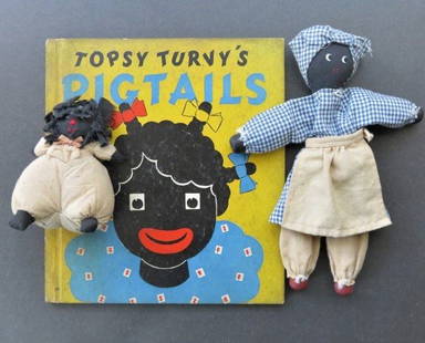 Lot, Anderson, Topsy Turvy's Pigtails, 1938 & Two Antique Soft Topsy Turvy Dolls: Lot: Topsy Turvy book and 2 antique handmade Topsy Turvy dolls 1930s:"Topsy Turvy's Pigtails" by Bernice G. Anderson, illustrated by Esther Friend, published by Rand McNally & Co., Chicago, 1938. Brig