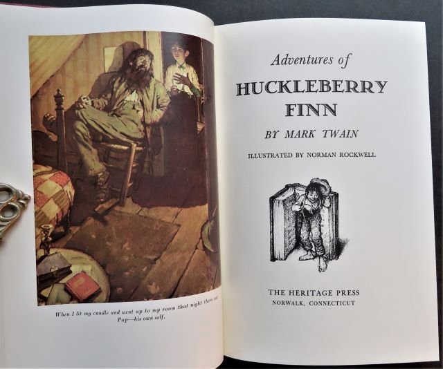 Mark Twain, Huckleberry Finn, Norman Rockwell illustrations, 1968: "The Adventures of Huckleberry Finn", by Mark Twain, illustrated by Norman Rockwell, second by Rockwell illustrated edition, published by The Heritage Press, Norwalk, Connecticut, copyright 1940 and 1