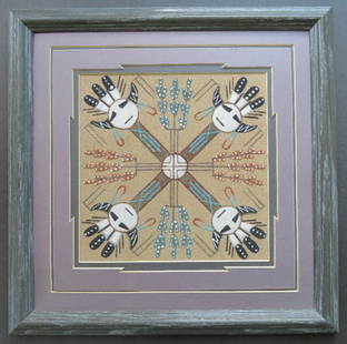 Vintage Navajo Native American Sand Painting, Whirling Log, Artist signed: Genuine vintage Native American art, "Whirling Log", authentic sand painting in a wooden frame, signed by Navajo artist Curtis, COA is included. Original sandpainting in original picture mat and woode