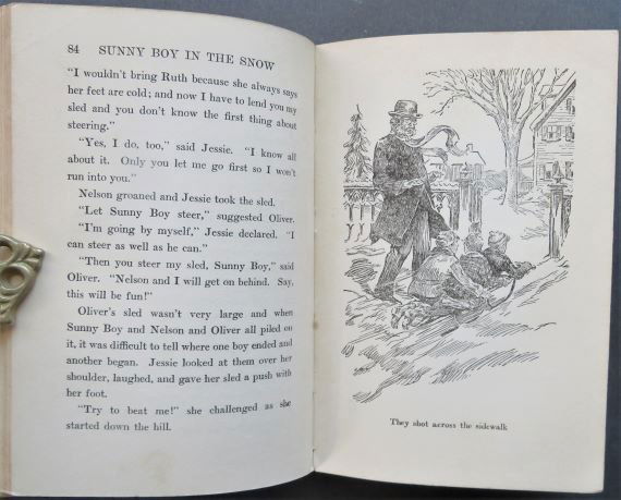 White, Sunny Boy in the Snow, 1stEd. 1928, illustrated by John Foster: "Sunny Boy in the Snow" [volume# 11 of Sunny Boy Series], by Ramy Allison White, illustrated by John M. Foster, published by Barse & Co.; 1928. First Edition. Hard boards, original green cloth with da