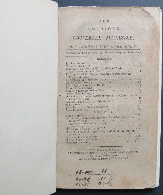 American Universal Magazine, July 10, 1797 Smith Ed., Essays, Travel: "The American Universal Magazine", Number I, Volume III; Monday, July 10, 1797, published by Samuel Harrison Smith and Thomas Smith, Philadelphia. Marbled soft cover, 4.3/4" x 8", lacks the frontispie