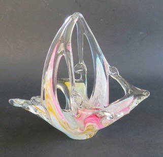 Sommerso Hand Blown Art Glass Basket, Murano Art Nouveau Bowl: Vintage Art Nouveau Murano hand-shaped and hand-blown art glass basket, centerpiece, rose, yellow, blue and orange glass finely mixed with milky glass modeling a flower which is encased in clear