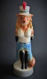 Art Deco Style Lady Fox Ceramic Decanter James R. Beam Bottle 1974: Vintage ceramic Art Deco Style Renee Fox Jim Beam decanter; marked with the Association's logo stamped in black and on the bottom "c Creation of James B. Beam. Distilling Co. KY-PRB-230. Genuine Regal