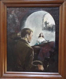 Piano Play, 1940s American Art Noir Oil Painting on Canvas, Post-WWII: "Piano Play", vintage original oil on stretched canvas, framed, unsigned, late 1940s. The surreal painting shows an American soldier standing in the dark vault at the entree to a bright room. The woma