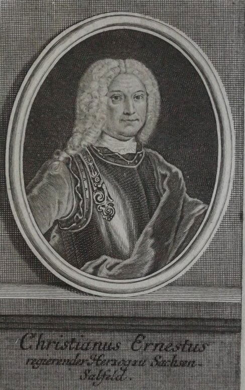 Duke Christian Ernst II, Saxe-Coburg 1730s Engraving by Bernigeroth: "Christian Ernst II, Duke of Saxe-Coburg - Saalfeld", (reign 1729-1745), copper engraving, by Johann Martin Bernigeroth, inscription, "Christianus Ernestus regirender Herzog zu Sachsen - Saalfeld." An
