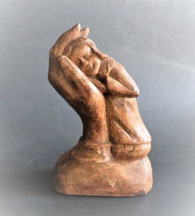 In the Palm of My Hand, Carved Wood Sculpture, Ecuadorian Folk Art: "In the Palm of My Hand" vintage hand-carved wood sculpture, unmarked, Ecuadorian Folk Art, 20th century. The figure is c.6" [15cm] tall, c.3.1/2" x 2" [9cm x 5cm]; antique hard wood, very good condit