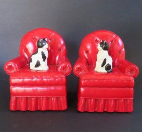 Set, 2 Bookends, Hallmark 1989, Black-White Cat on Red Chair
