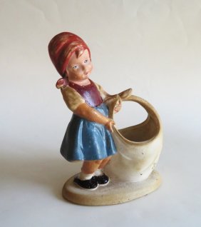 Antique German Hand Painted Bisque Girl Figurine with Basket, 1900s