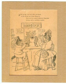 1891 Victorian Woodcut, Chalk & Water Jingle, Dressed Cats in Dairy Bar
