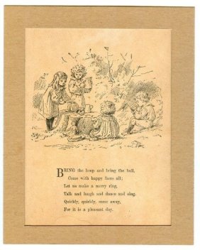 The Pleasant Day, 1891 Victorian Woodcut, Children Having a Picnic, Rhyme
