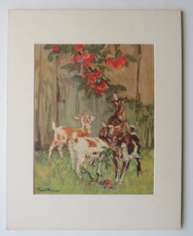 Diana Thorne, Goats Eating Apples, 1932 Original Color Print with Mat