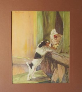 Diana Thorne, Terrier and Hen, 1932 Original Color Print with Mat