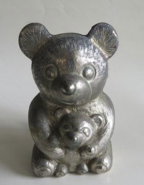 Vintage Metal Bear & Cub Coin Bank, EP Zinc, Silverplated, Italy, 1960s
