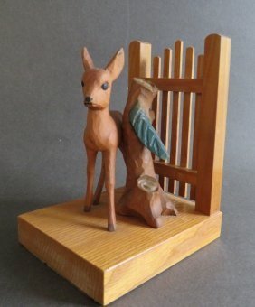 Vintage Wood Carved Fawn Deer Bookend 1954 Folk Art, ANRI Italy
