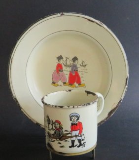 Set, Gustav Thurnauer Enamelware 1883 German Victorian Children Cup & Plate