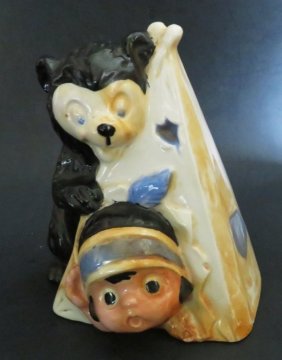 Roberta Mason Ceramic Figurine, Kid in Teepee & Bear Cub, 1950s