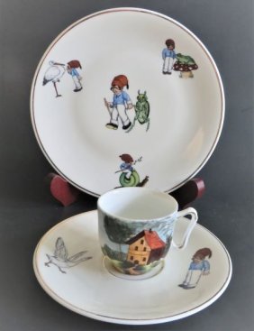 German 1950s Set of 3 Tom Thumb Children Porcelain, Cup, Saucer & Plate
