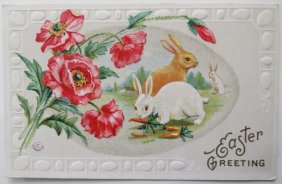 Antique Victorian Easter Greeting Card, Rabbits, Herman 1911, used 1912